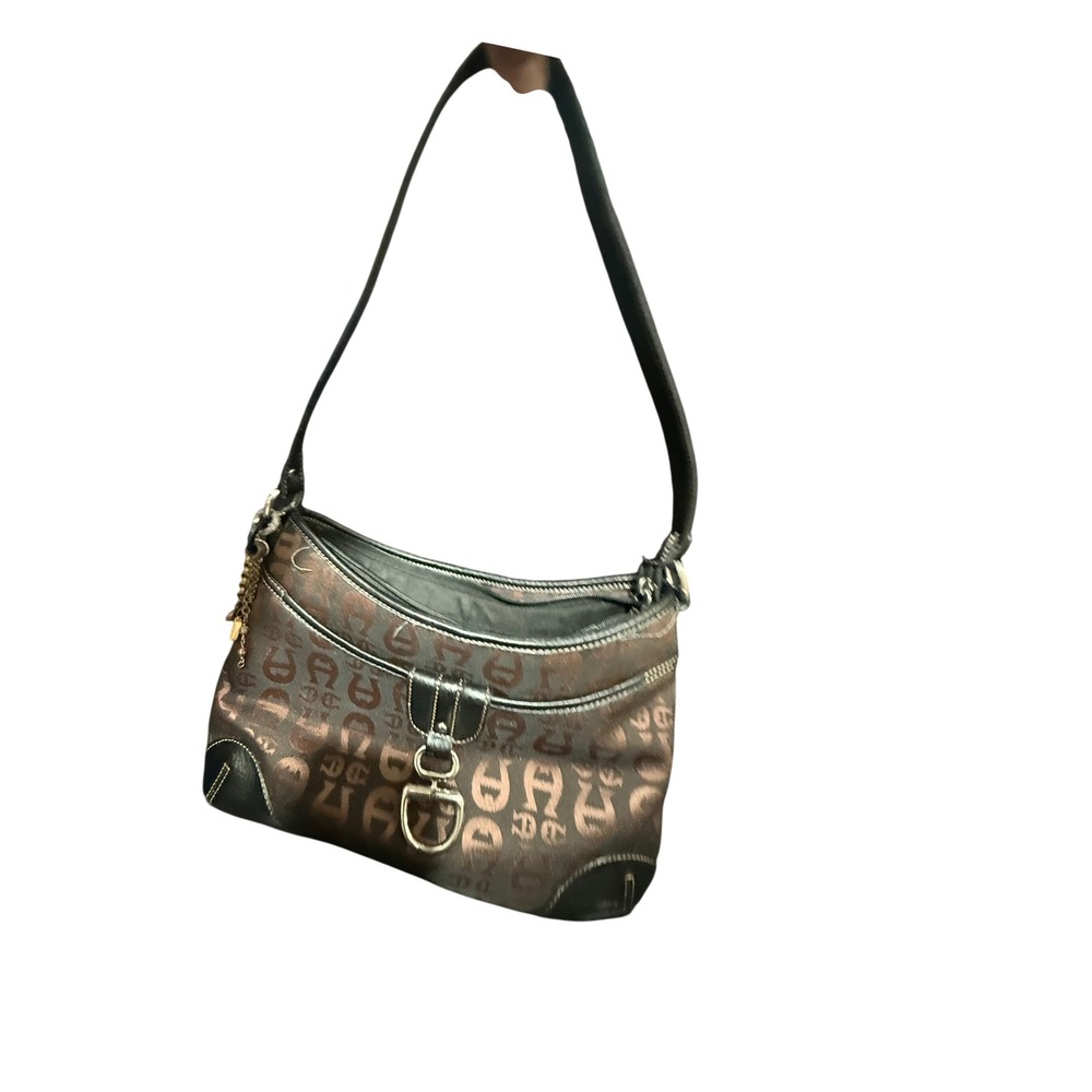 Etienne Aigner Brown Monogram Jacquard Leather Trim Shoulder Bag Purse Hobo